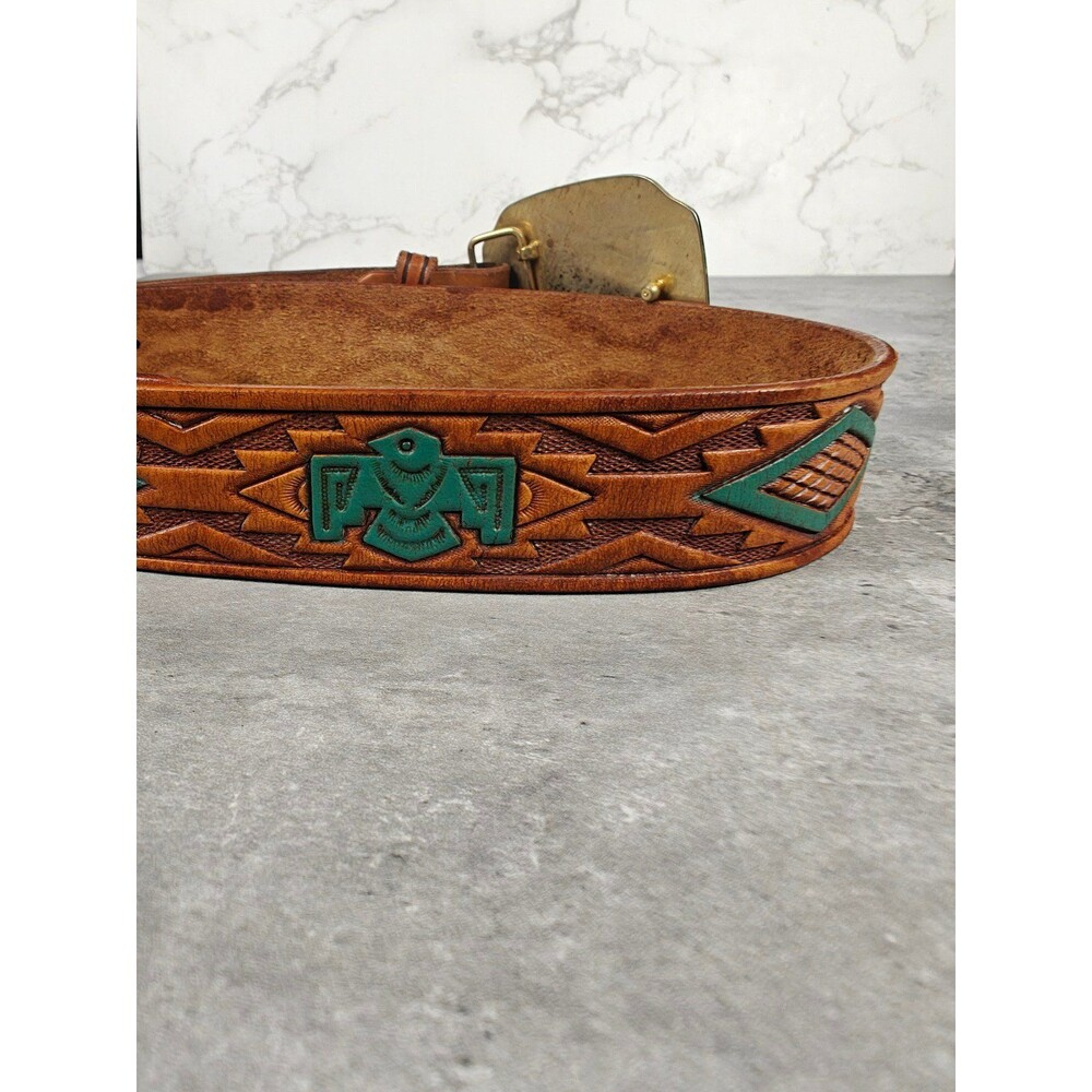 Vintage Tooled Leather Western Belt 34" W/ Statue Of Liberty Centennial Buckle - Picture 5 of 9